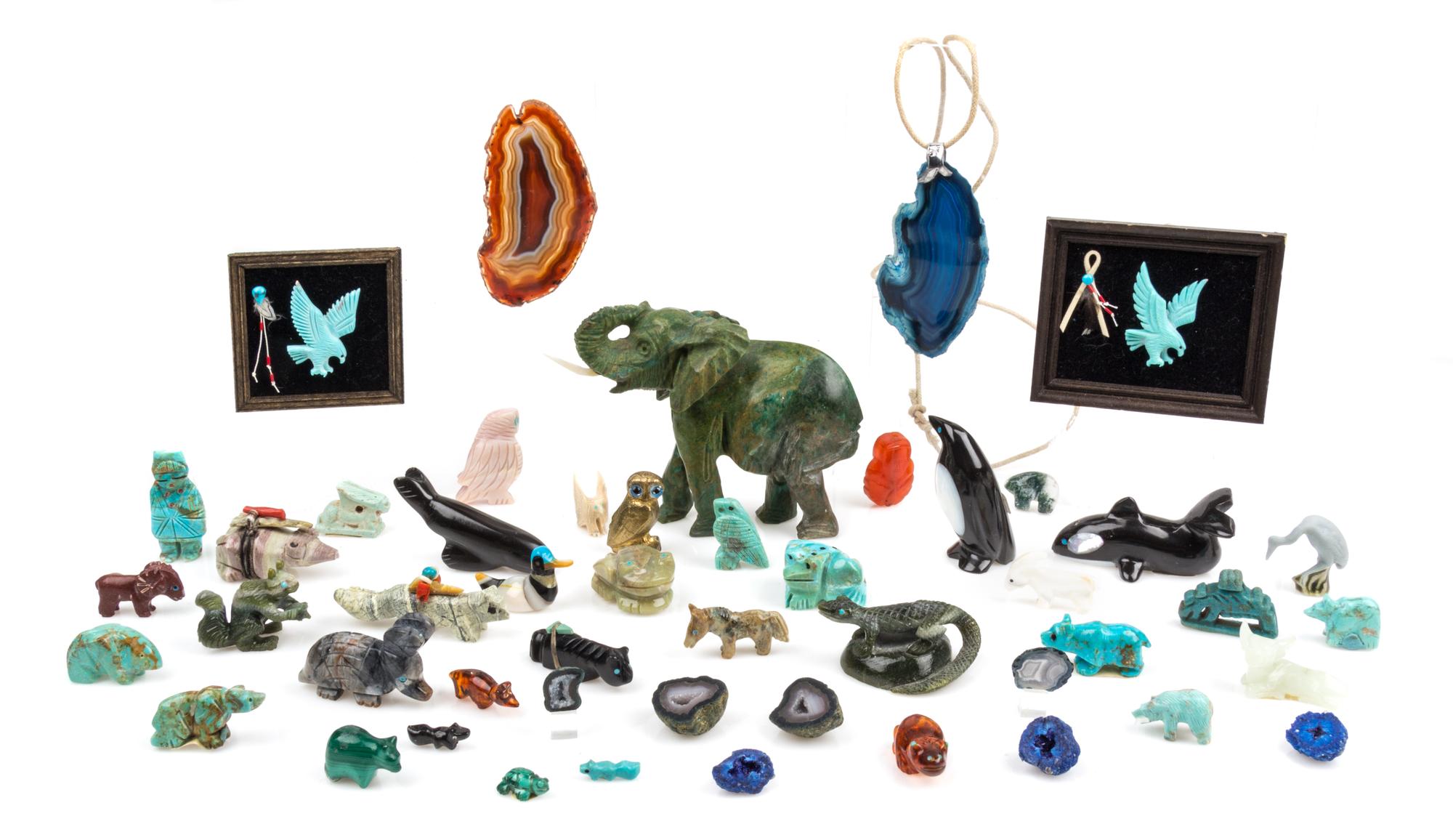 A Collection of Carved Hardstone and Glass Fetish Figures Height of tallest 3 inches.