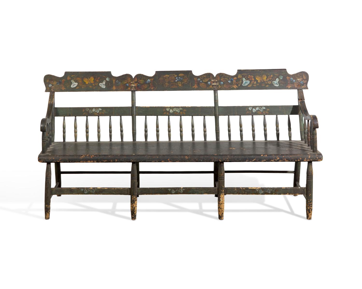 A Green-Painted and Decorated Windsor Bench