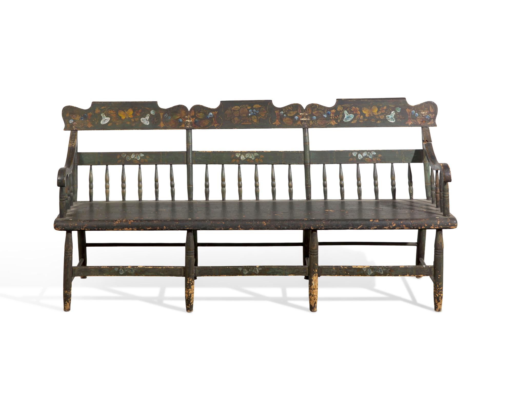A Green-Painted and Decorated Windsor Bench