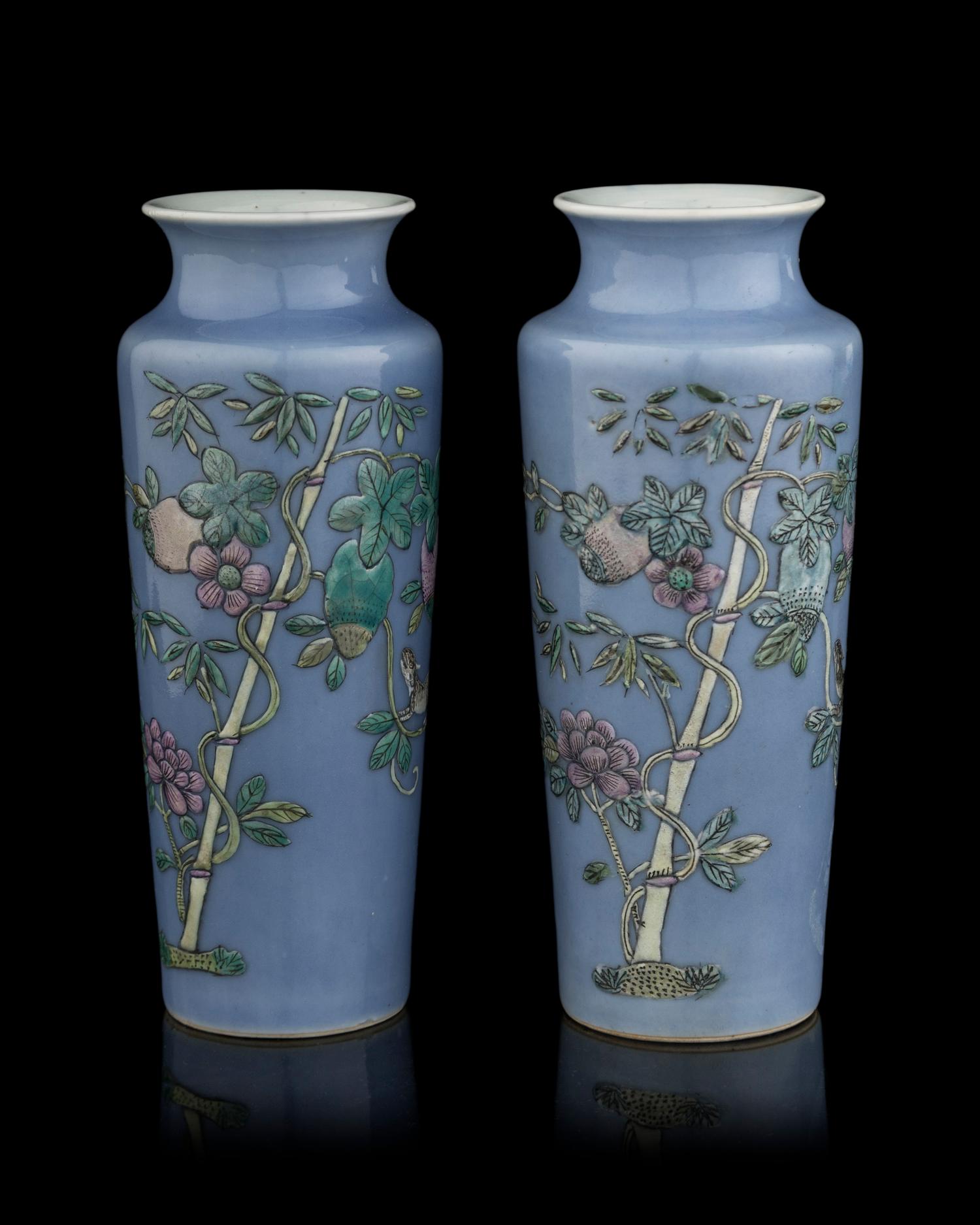 A Pair of Chinese Light Lavender Ground Famille Rose Porcelain Sleeve Vases