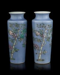 A Pair of Chinese Light Lavender Ground Famille Rose Porcelain Sleeve Vases