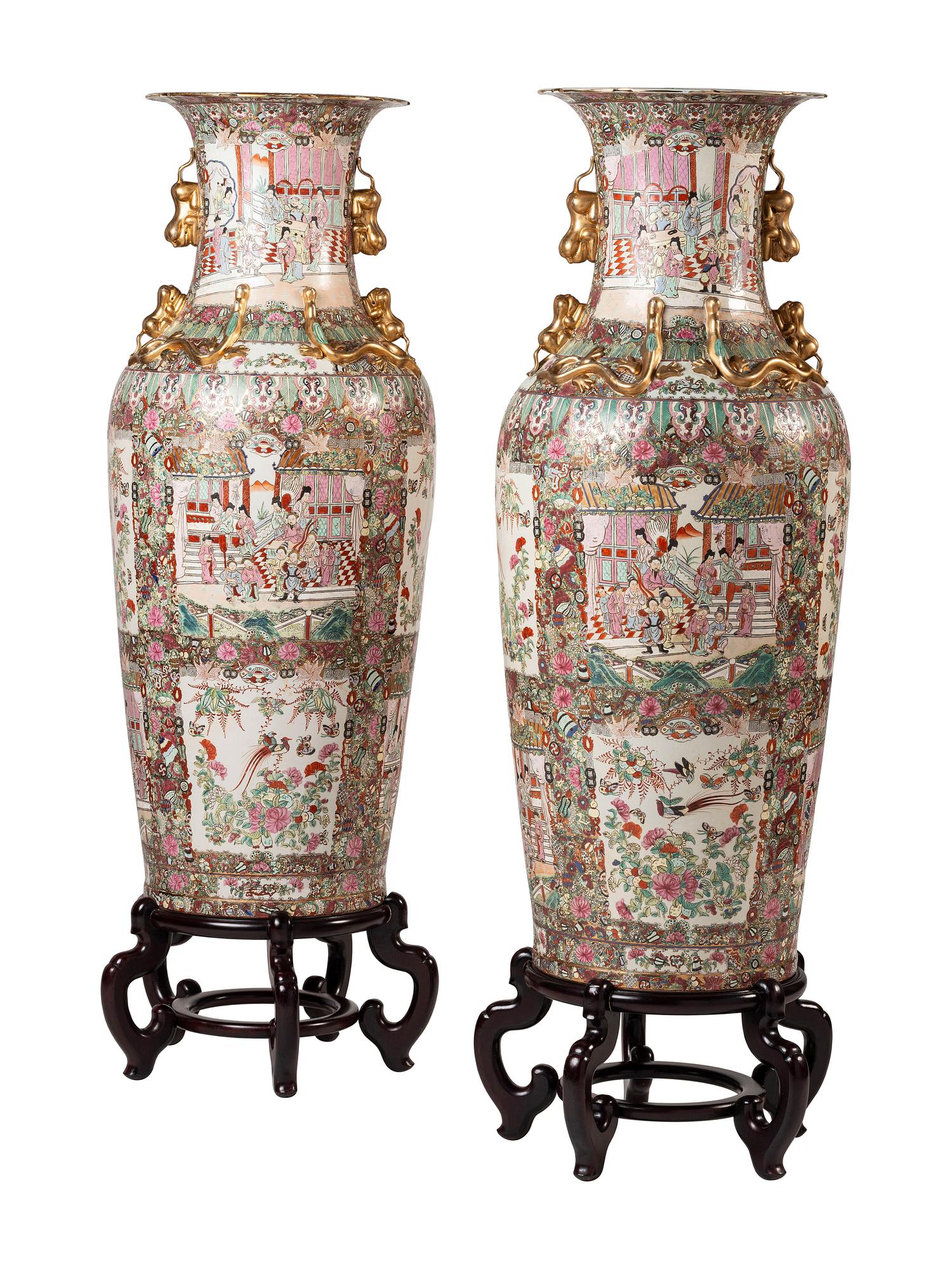 A Pair of Famille Rose Porcelain Floor Vases