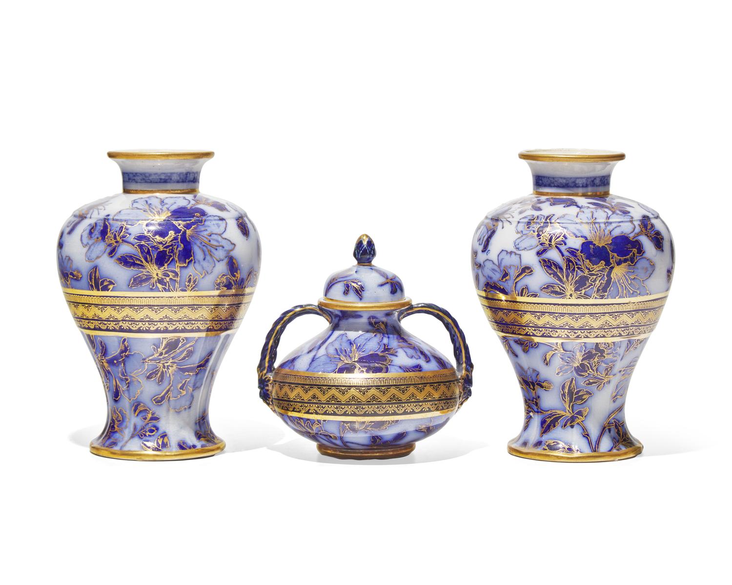 A Wedgwood Three-Piece Parcel-Gilt Garniture
