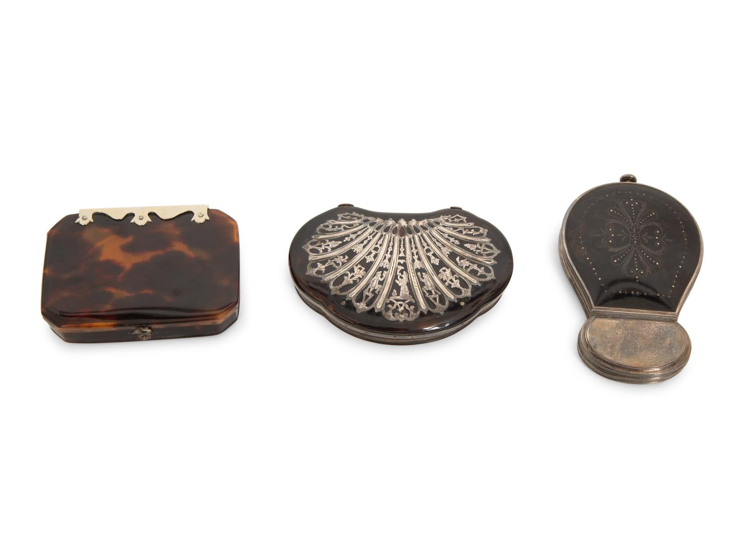 A Silver-Inlaid Tortoise Shell Snuff Box and Two Others