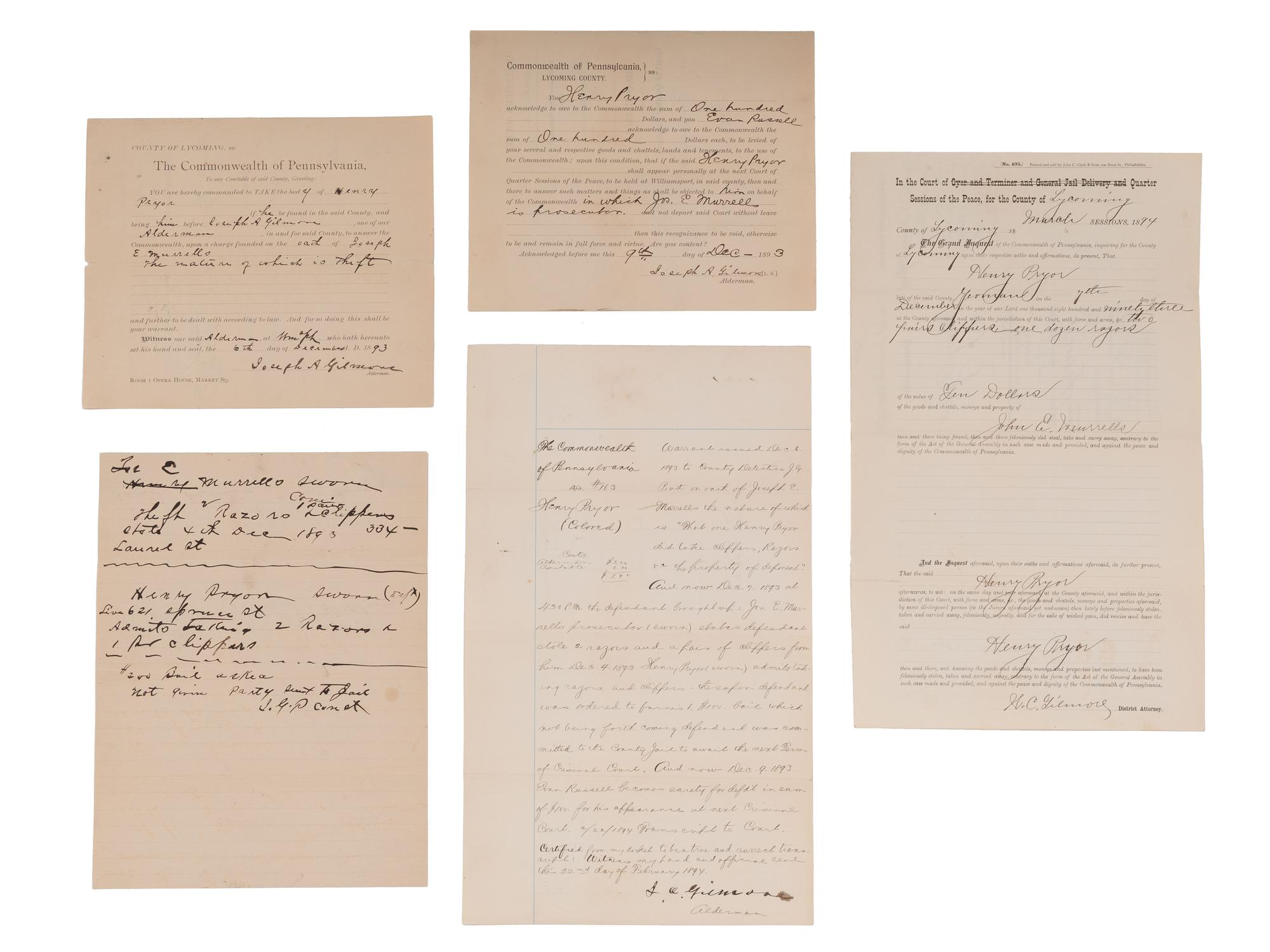 [CRIME & PUNISHMENT]. 6 documents, incl. freedmen accused of hog steeling and theft from a barber.