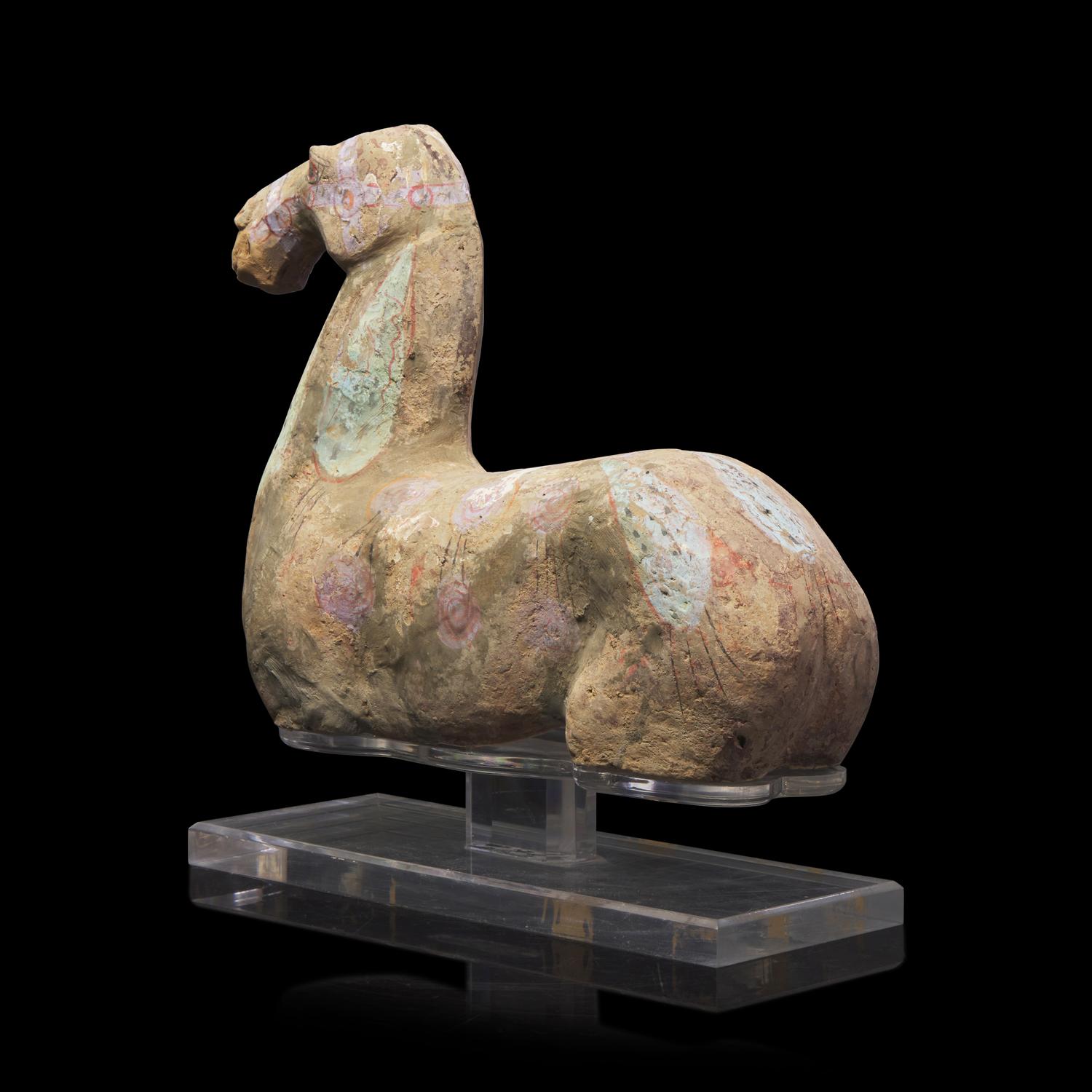 A Chinese Painted Grey Pottery Figure of Recumbent Horse, Han Dynasty 漢 彩繪灰陶馬