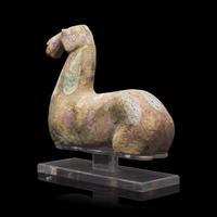 A Chinese Painted Grey Pottery Figure of Recumbent Horse, Han Dynasty 漢 彩繪灰陶馬