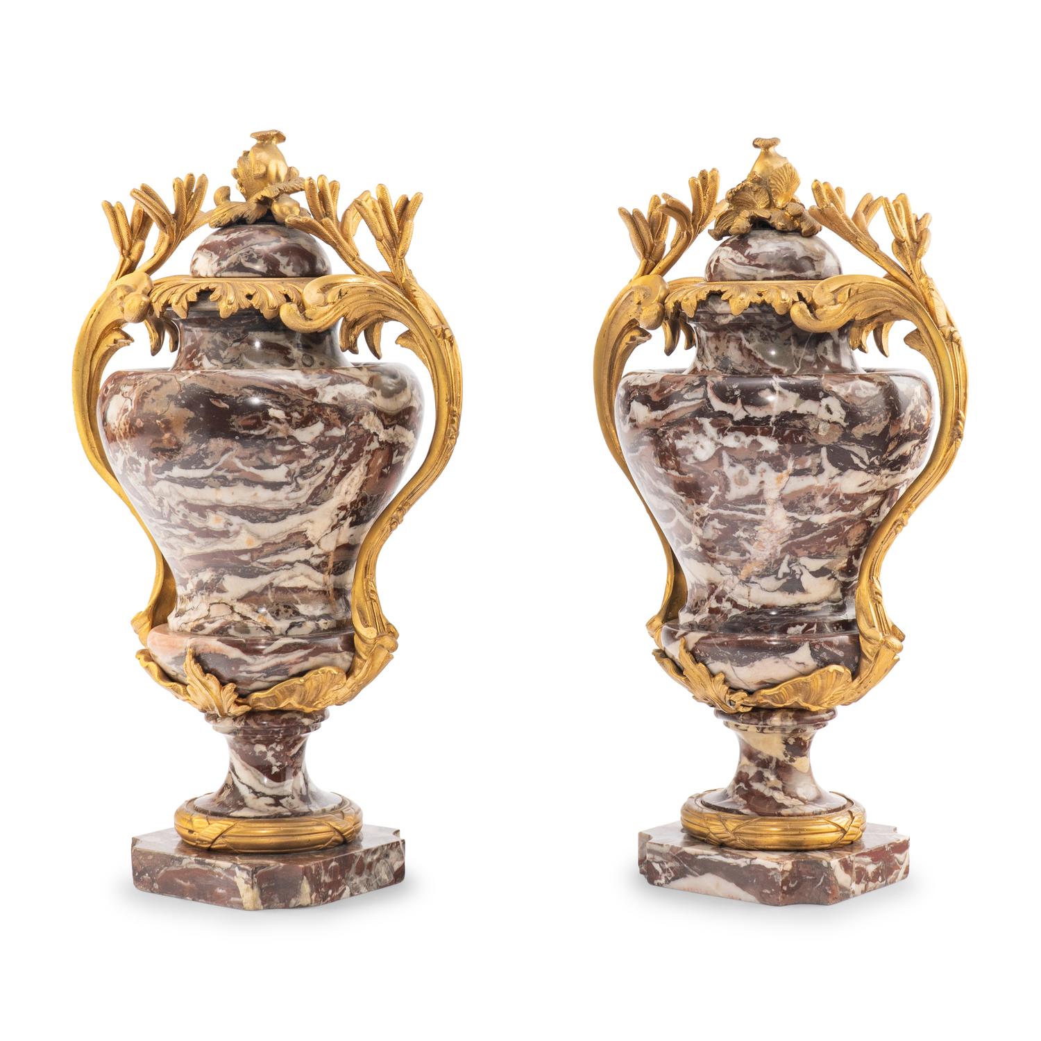 A Pair of French Gilt Bronze Mounted Marble Urns