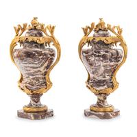 A Pair of French Gilt Bronze Mounted Marble Urns