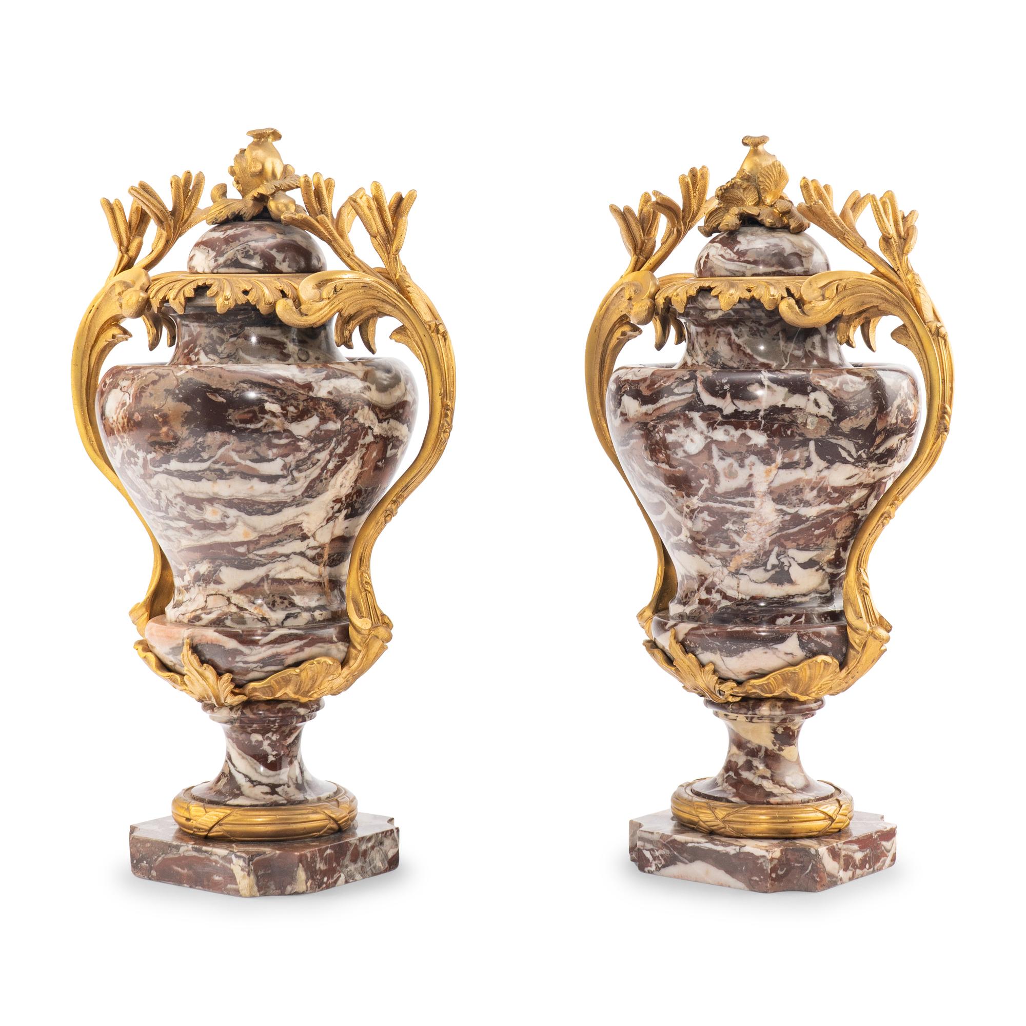 A Pair of French Gilt Bronze Mounted Marble Urns