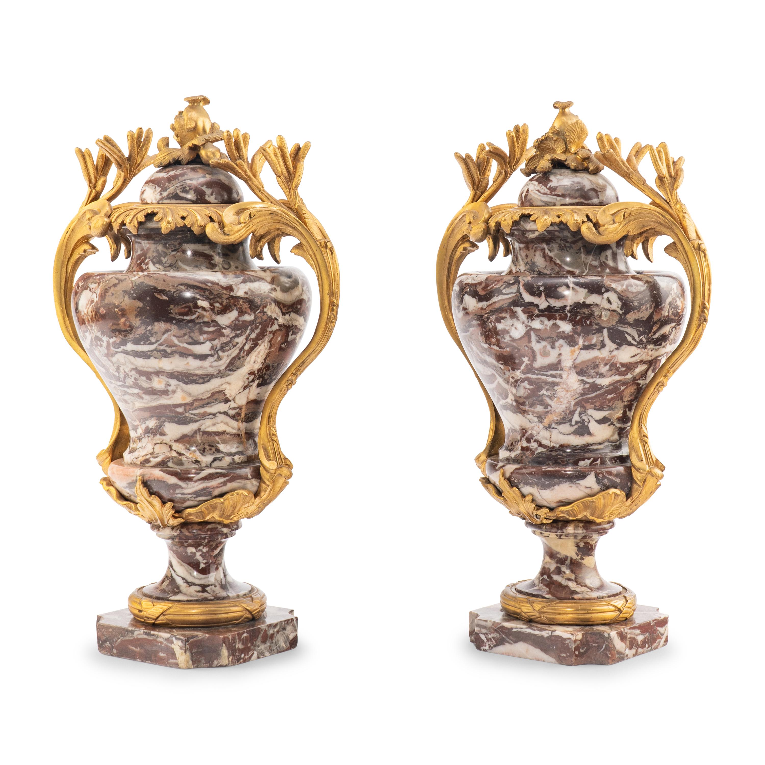 A Pair of French Gilt Bronze Mounted Marble Urns