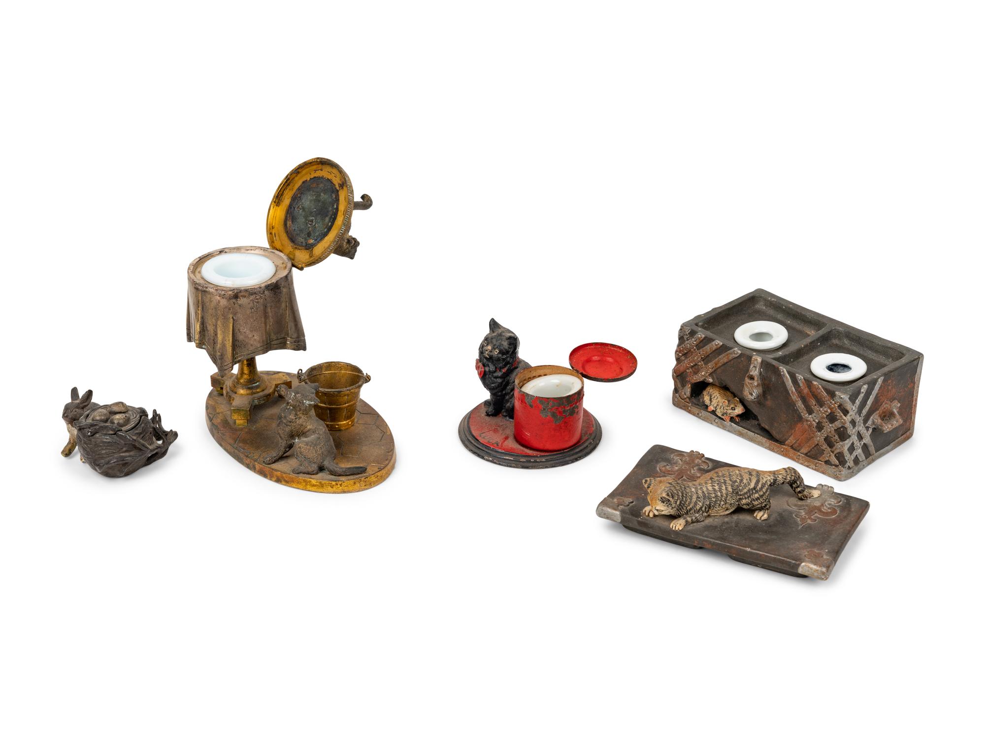 Three Continental Cat-Themed Inkwells
