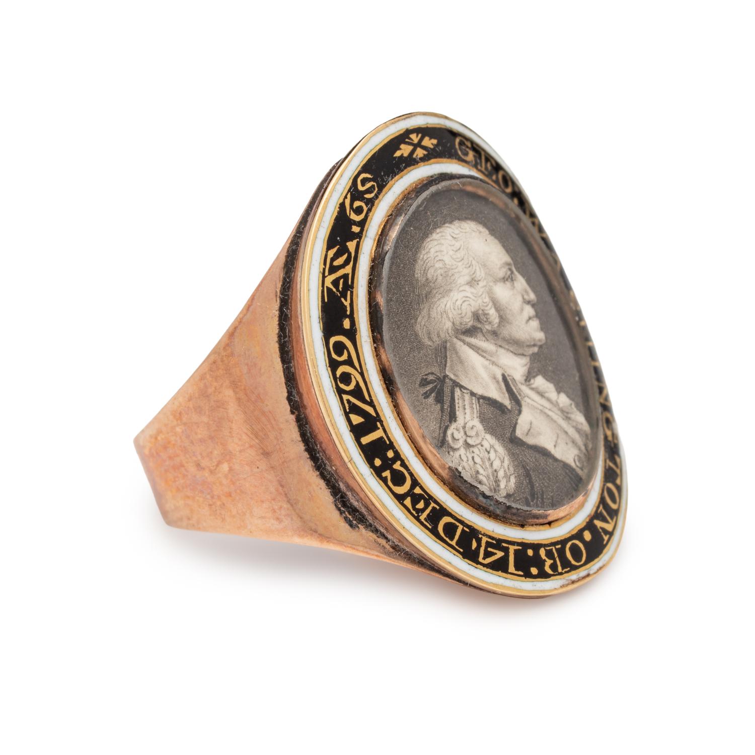 [WASHINGTON, George (1732-1799)]. SAINT-MEMIN, Charles Balthazar Julien Févret de (1770-1852). Gold alloy and enamel mourning ring purportedly bequeathed in Washington's last will and testament. Circa 1800.