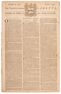 [PRE-REVOLUTIONARY WAR - NONIMPORTATION AGREEMENTS]. The Pennsylvania Gazette . No. 2146. Philadelphia: David Hall and William Sellers, 8 February 1770.