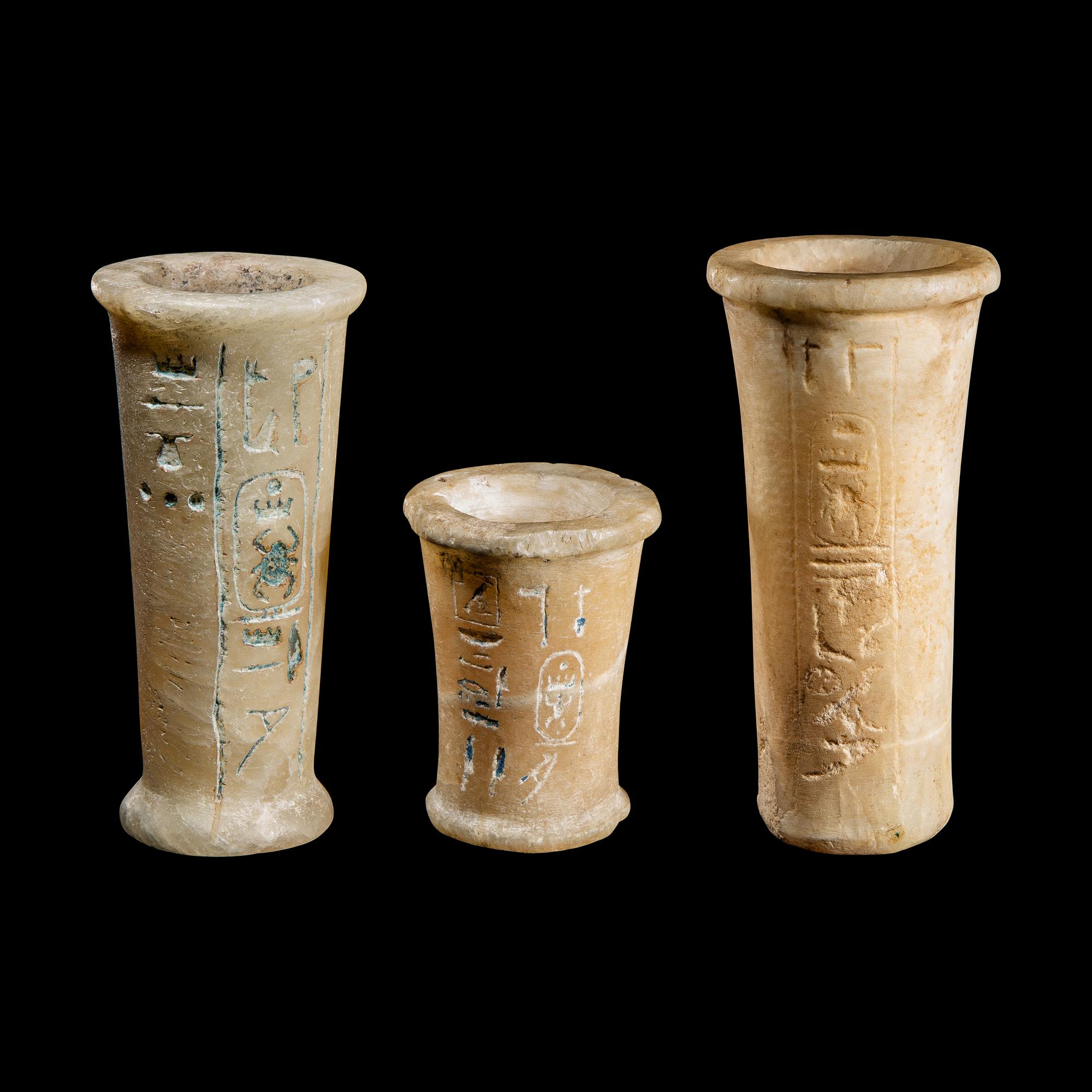 Three Egyptian Alabaster Vessels with Hieroglyphs
