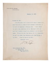 [AMERICANA]. TAFT, William Howard (1857-1930). Typed letter signed (“Wm. H. Taft”) as President of the United States, to Robert Erskine Ely, Washington, D.C., 25 December 1909.