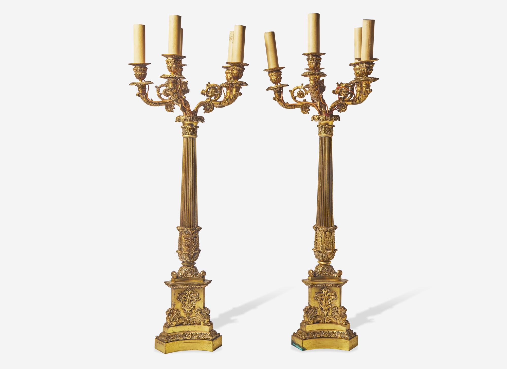 A Pair of Charles X Gilt Bronze Five-Light Candelabra
