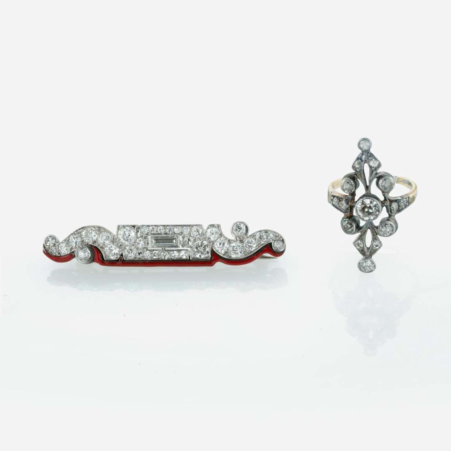 A Diamond, Enamel, and Platinum Brooch and Edwardian Diamond Ring
