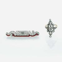 A Diamond, Enamel, and Platinum Brooch and Edwardian Diamond Ring