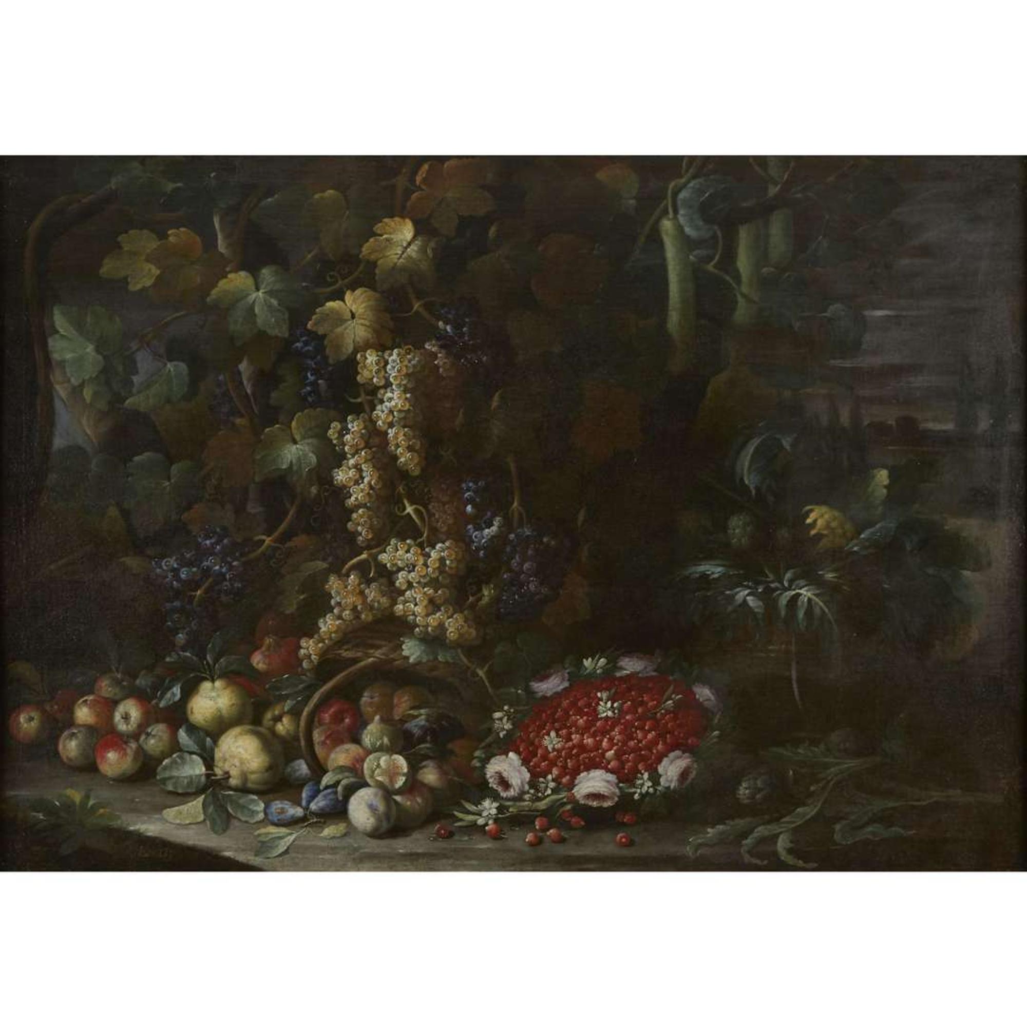 NEAPOLITAN SCHOOL (17TH CENTURY) STILL LIFE WITH FLOWERS, FRUITS AND VEGETABLES BESIDE A FOUNTAIN IN A VILLA GARDEN; TOGETHER WITH A COMPANION