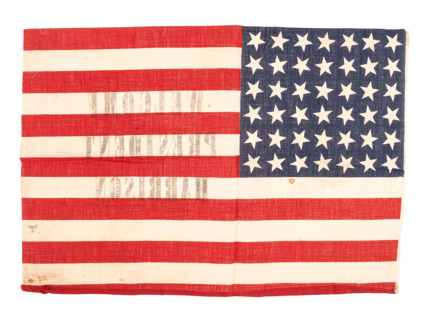 [FLAGS & PATRIOTIC TEXTILES - HARRISON, Benjamin (1833-1901)]. "Welcome President Harrison" parade flag. Ca 1889-1890.
