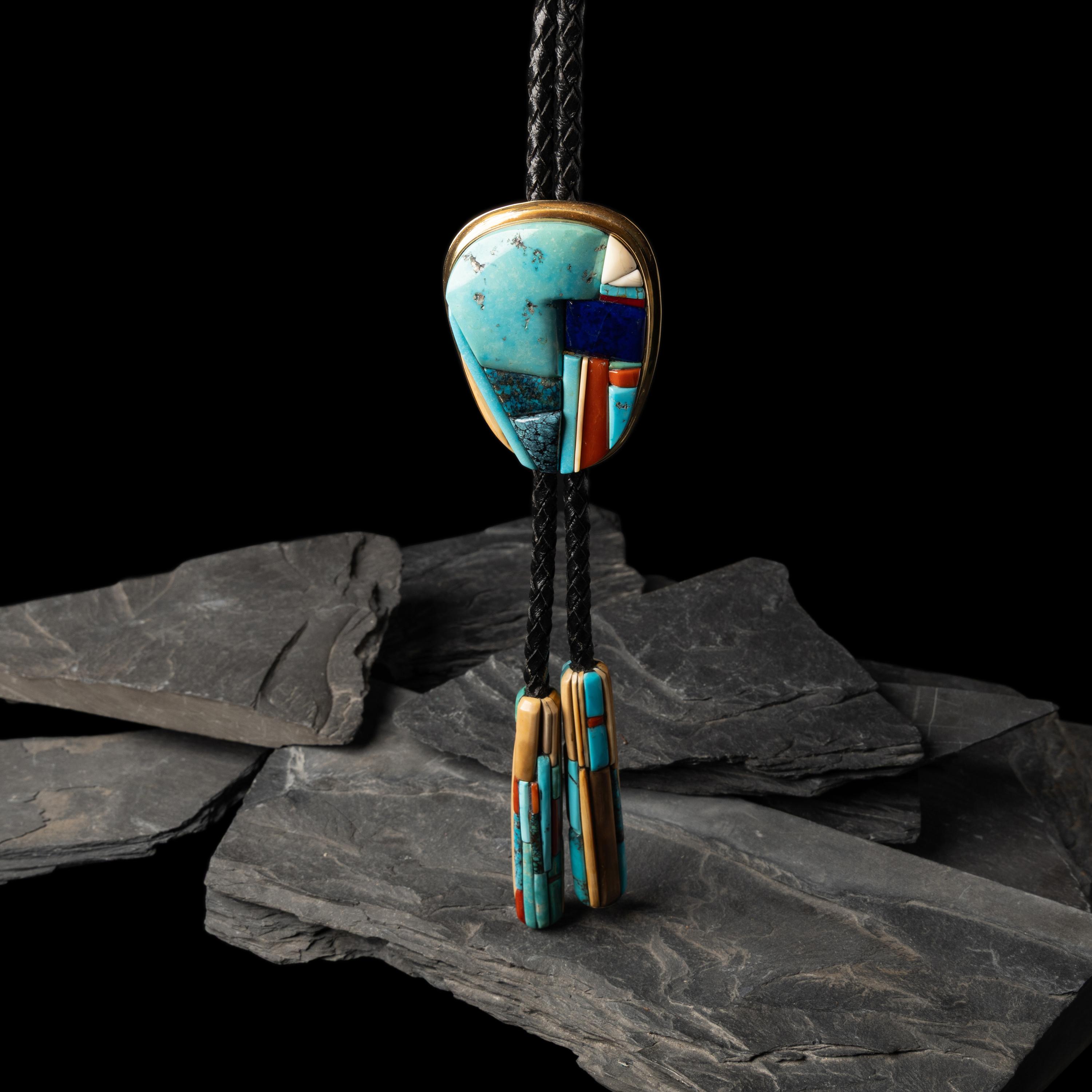 Darryl Edwards (American, 20th century) — Southwestern-style 14K Gold and Cobblestone Inlay Bolo Tie