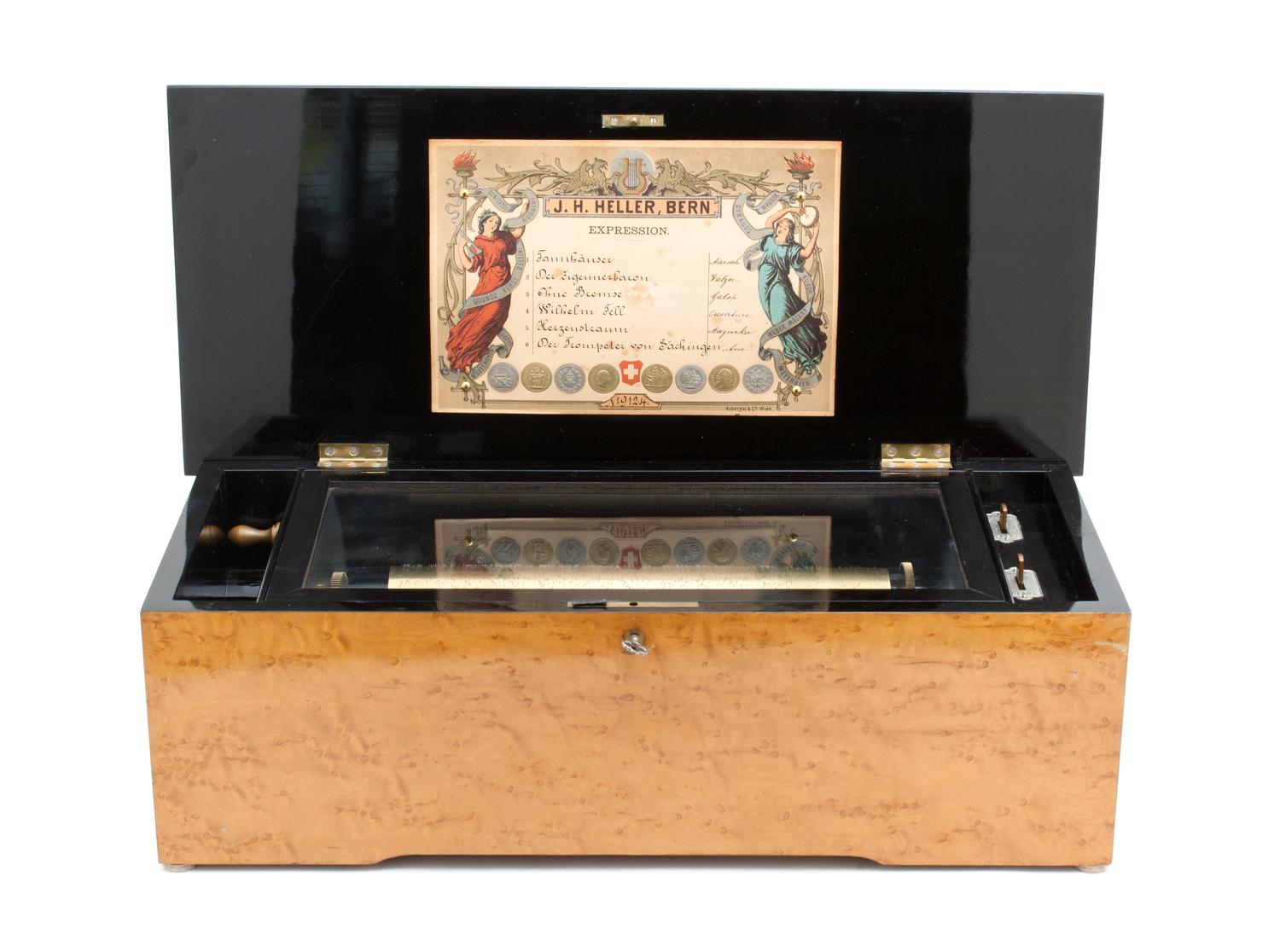 A Cylinder Music Box Height 6 1/2 x width 20 3/4 inches. — J.H. HELLER, LATE 19TH CENTURY