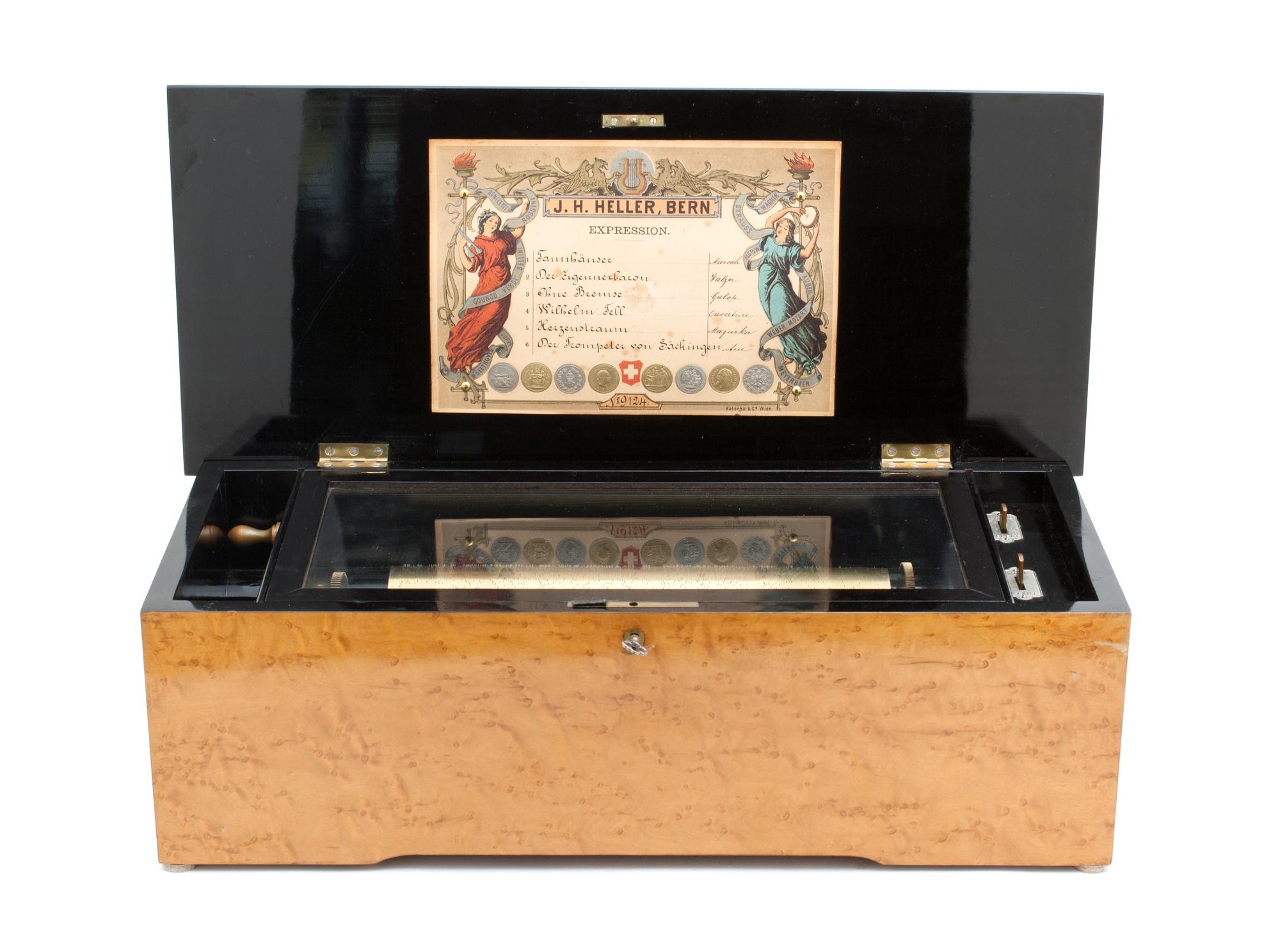 A Cylinder Music Box Height 6 1/2 x width 20 3/4 inches. — J.H. HELLER, LATE 19TH CENTURY