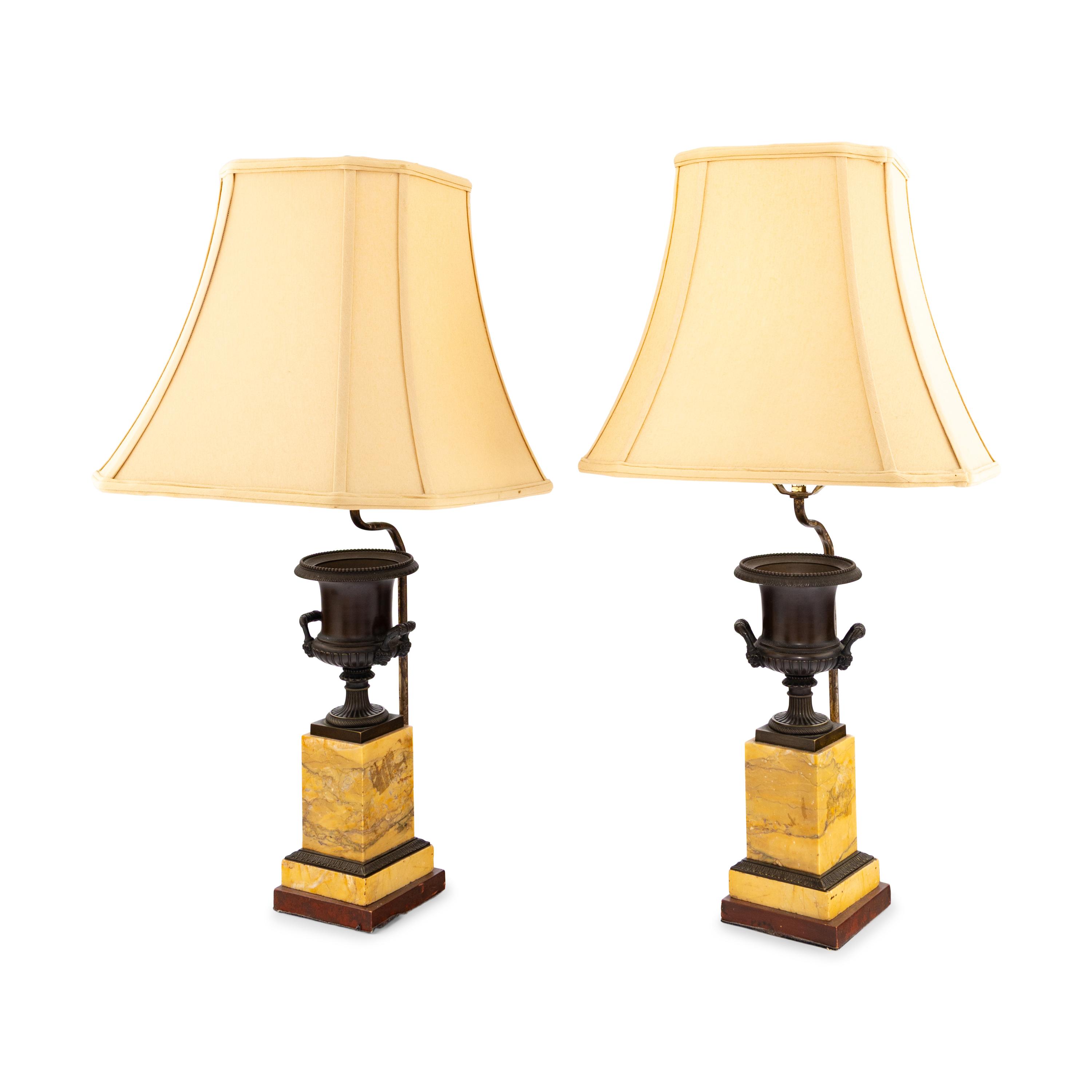 A Pair of Neoclassical Style Bronze and Sienna Marble Urns