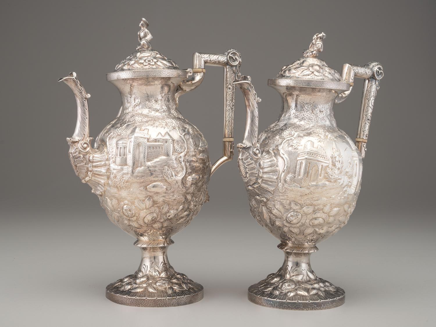 A Pair of Robert & William Wilson Coin Silver 'Castle' Coffee Pots
