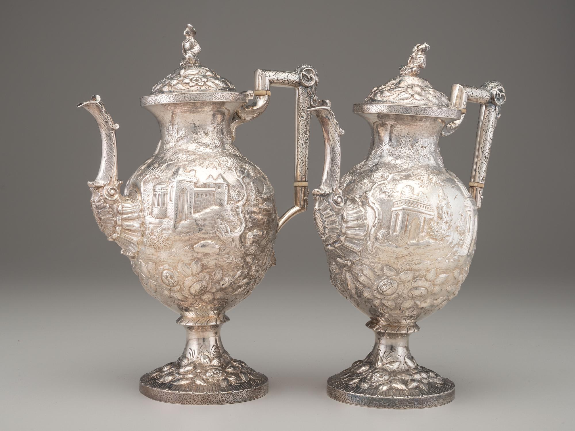 A Pair of Robert & William Wilson Coin Silver 'Castle' Coffee Pots