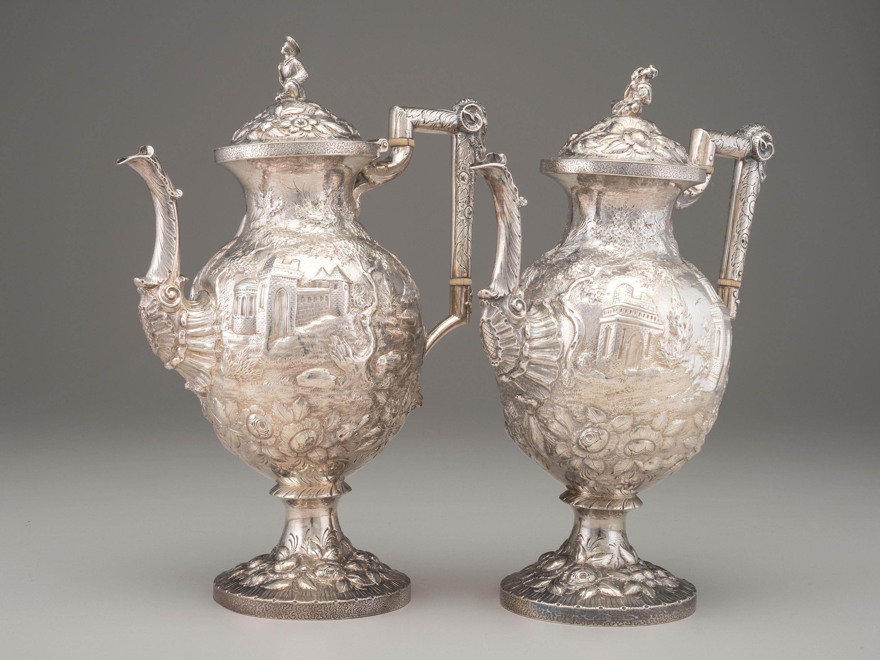 A Pair of Robert & William Wilson Coin Silver 'Castle' Coffee Pots