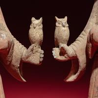 A Pair of Chinese Painted Grey Pottery Ladies with Owls, Han Dynasty — 漢 灰陶彩繪持鷹女俑一對