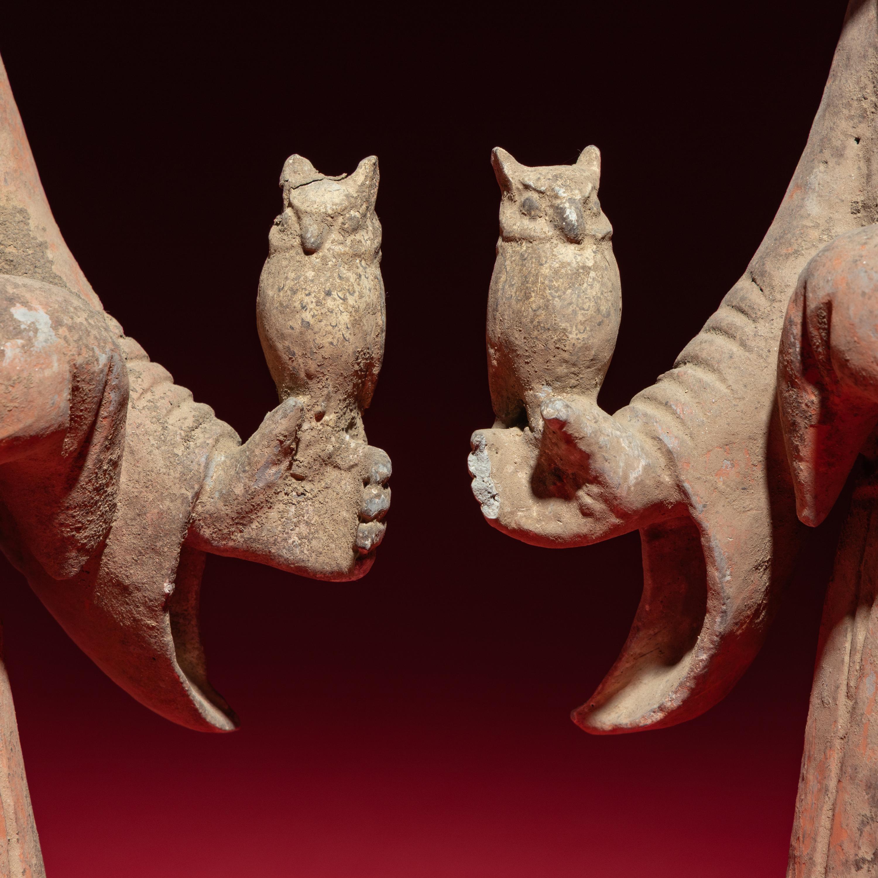 A Pair of Chinese Painted Grey Pottery Ladies with Owls, Han Dynasty — 漢 灰陶彩繪持鷹女俑一對