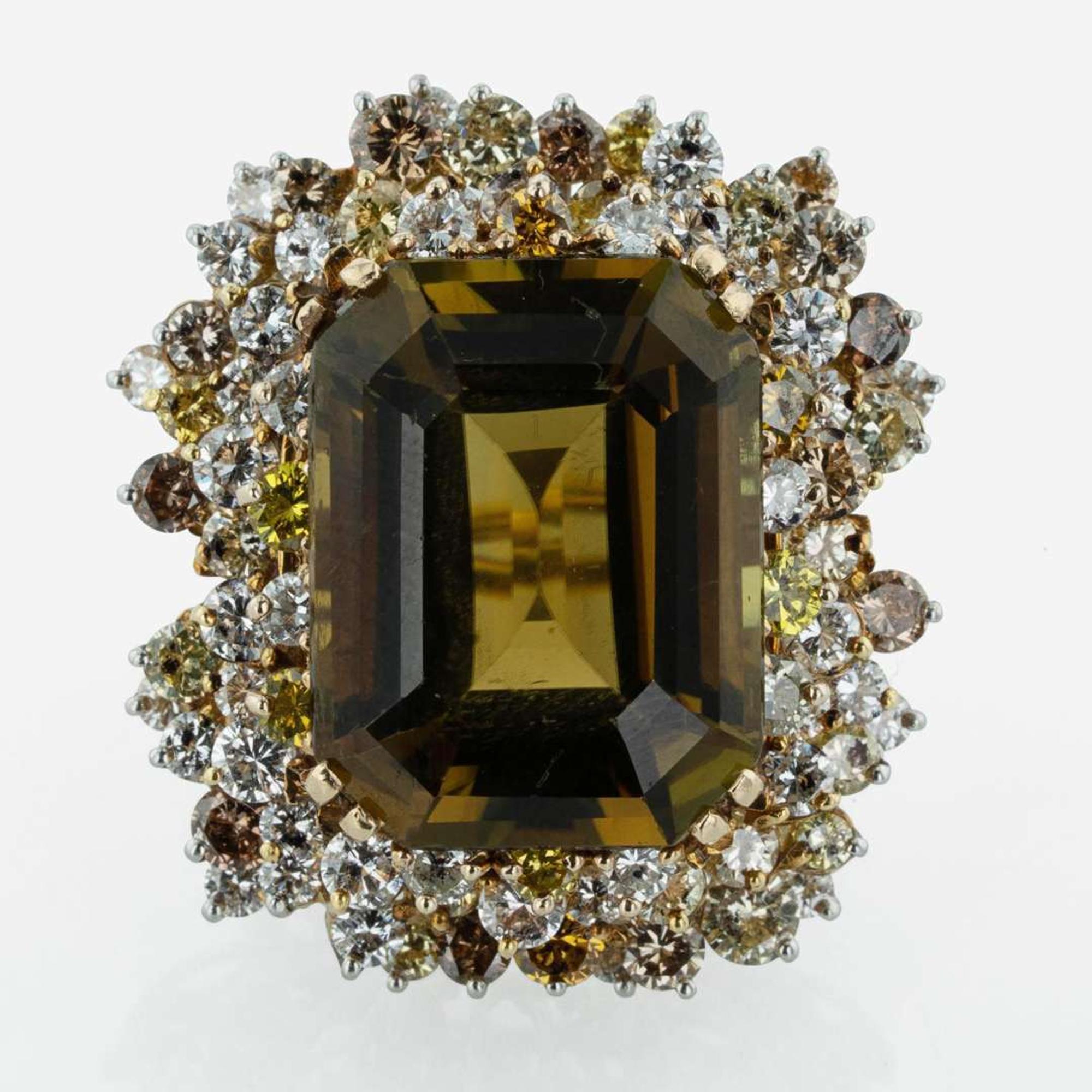 A Natural Tourmaline, Diamond, and 18K Yellow Gold Ring