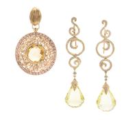 An 18 Karat Yellow Gold, Yellow Quartz and Diamond Demi Parure, Together With A Bicolor Gold, Citrine, and Diamond Pendant, 16.50 dwts.
