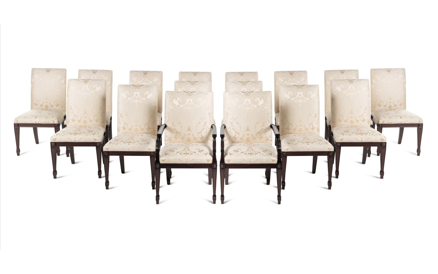A Set of Sixteen Contemporary Damask-Upholstered Dining Chairs
