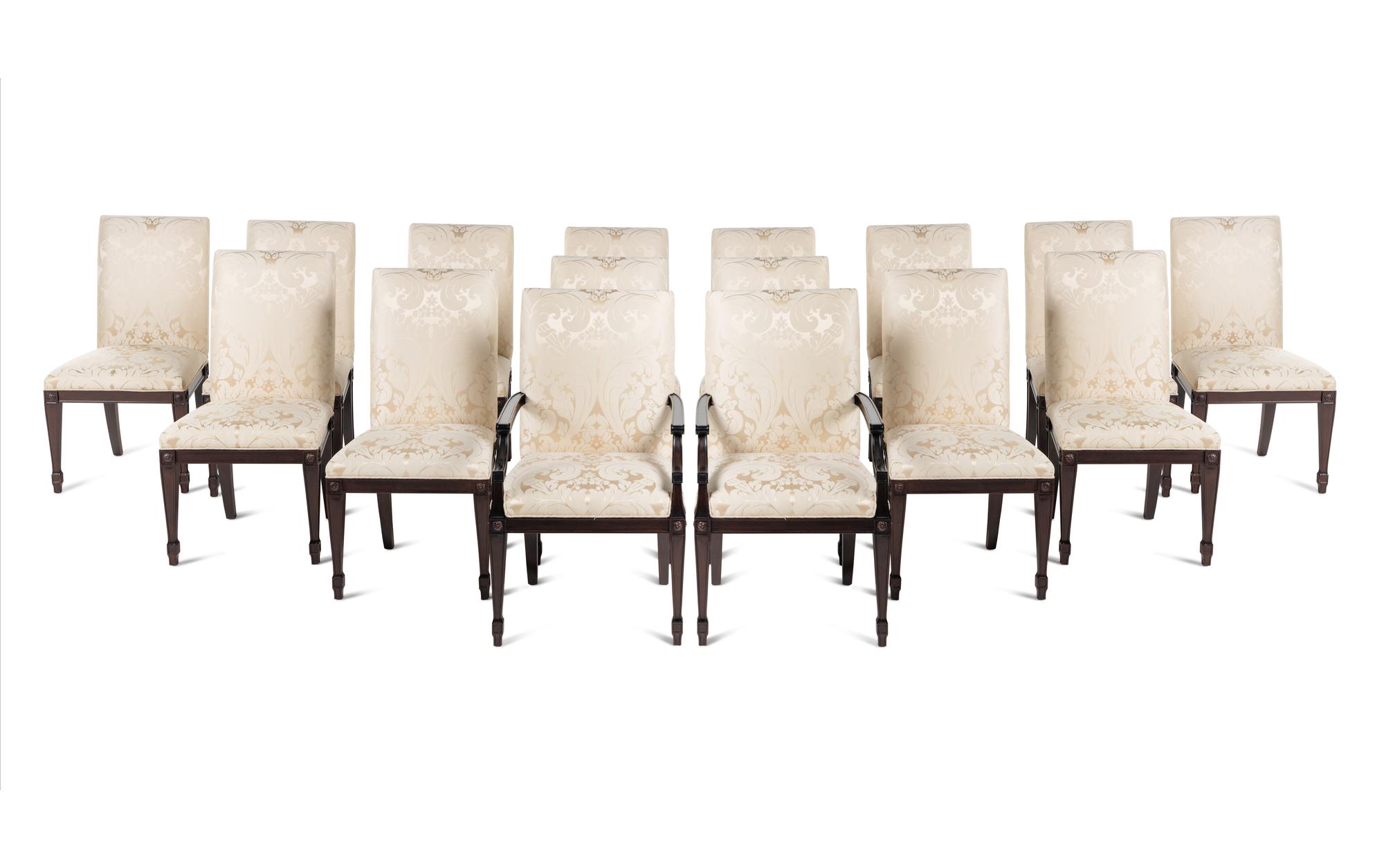 A Set of Sixteen Contemporary Damask-Upholstered Dining Chairs
