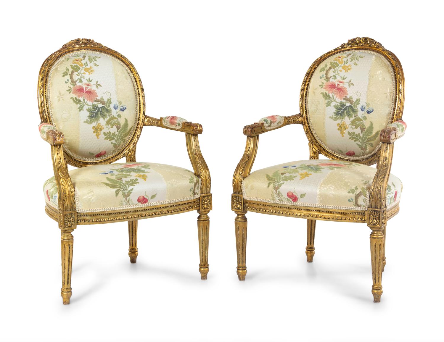 A Pair of Louis XVI Style Giltwood Fauteuils