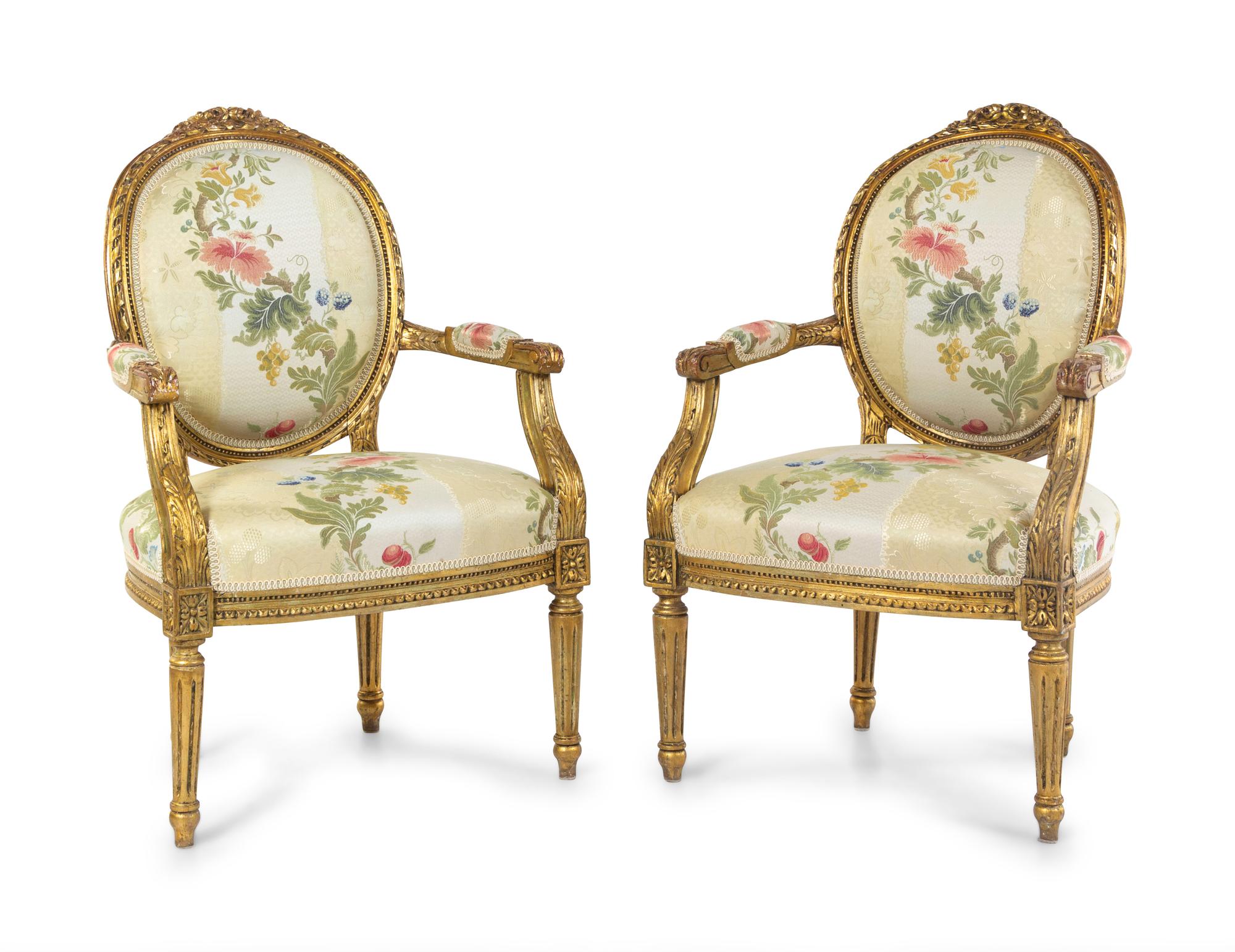 A Pair of Louis XVI Style Giltwood Fauteuils