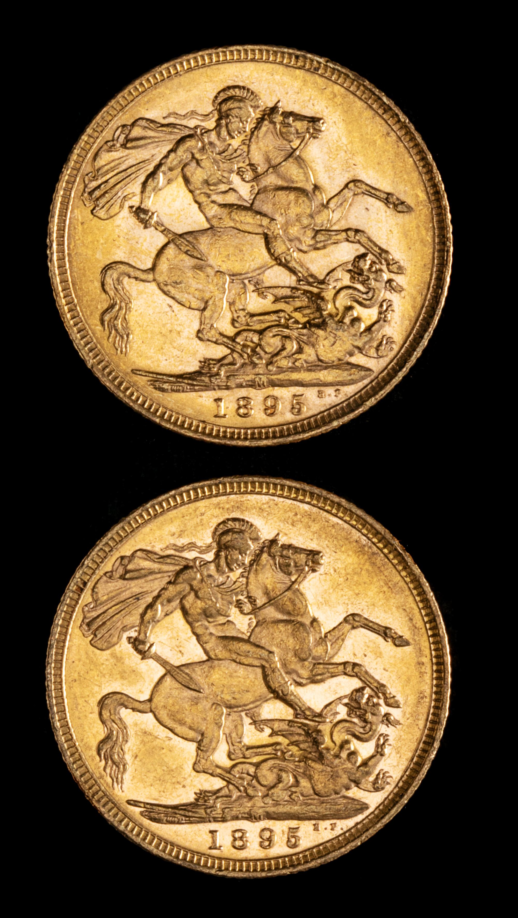 Two United Kingdom 1895-M Sovereign: Veiled Head-Melbourne Mint Gold Coin