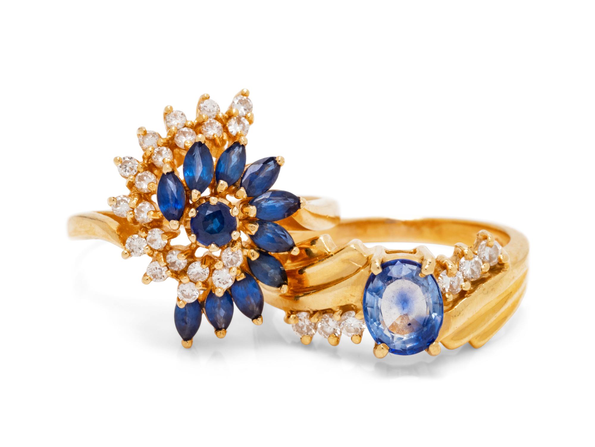 A Collection of 14 Karat Yellow Gold, Sapphire and Diamond Rings,