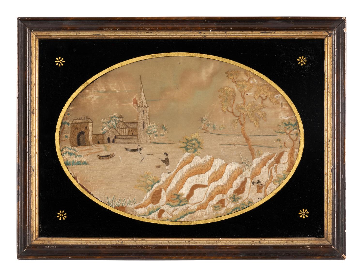 An American School Folk Art Silk Weaving Under Reverse Painted Glass