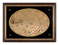 An American School Folk Art Silk Weaving Under Reverse Painted Glass