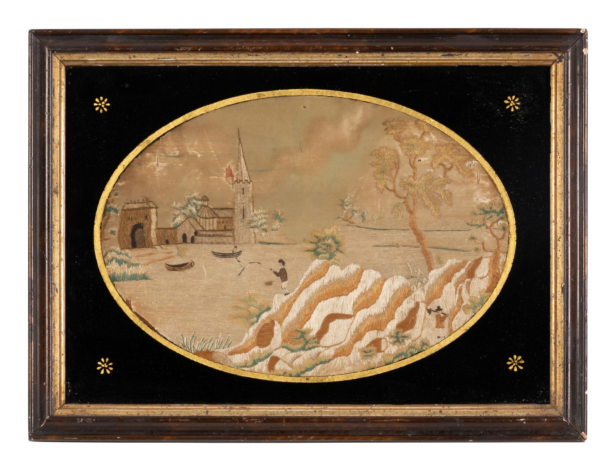 An American School Folk Art Silk Weaving Under Reverse Painted Glass