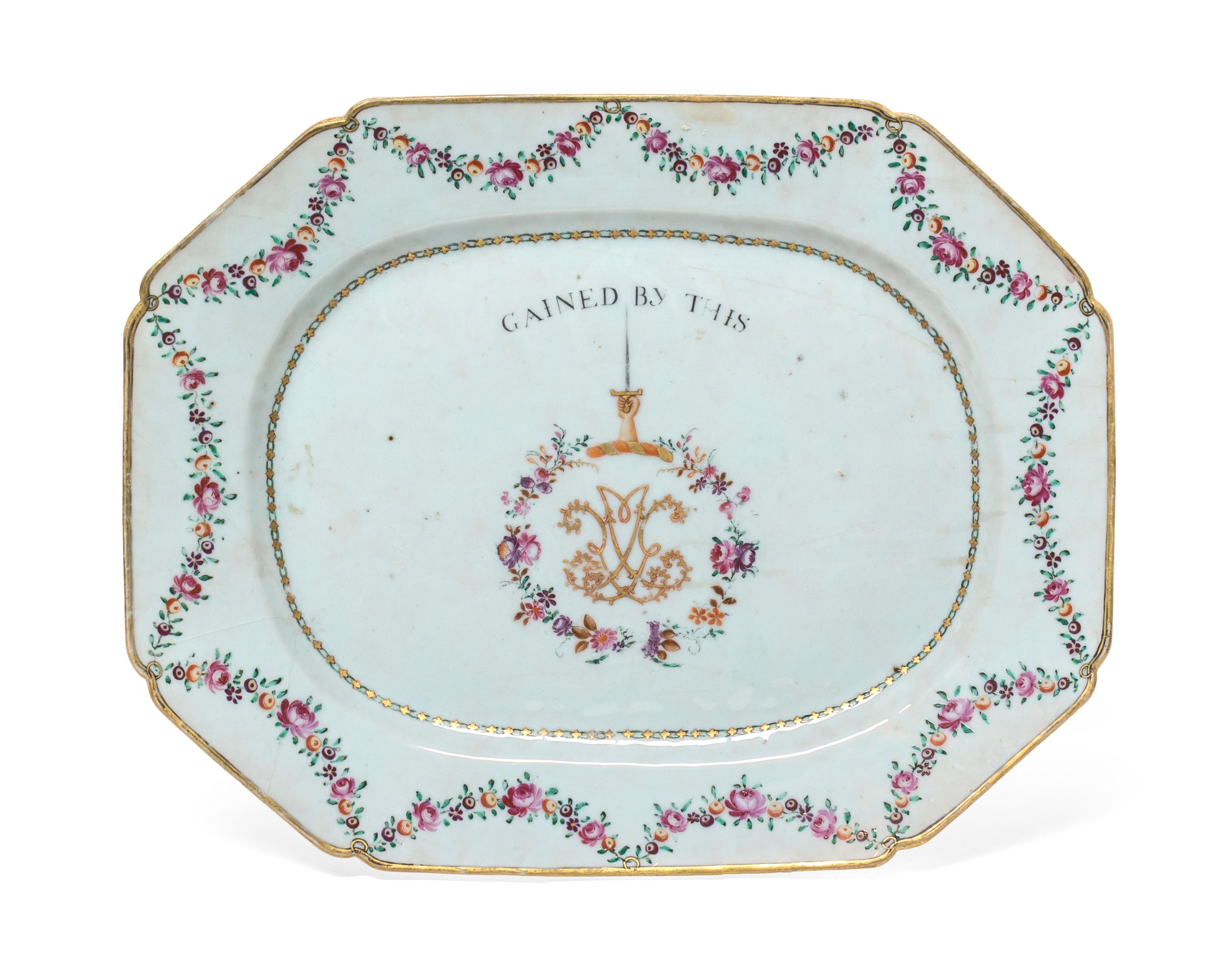 A Chinese Export Porcelain Armorial Platter, Width 14 5/8 inches.