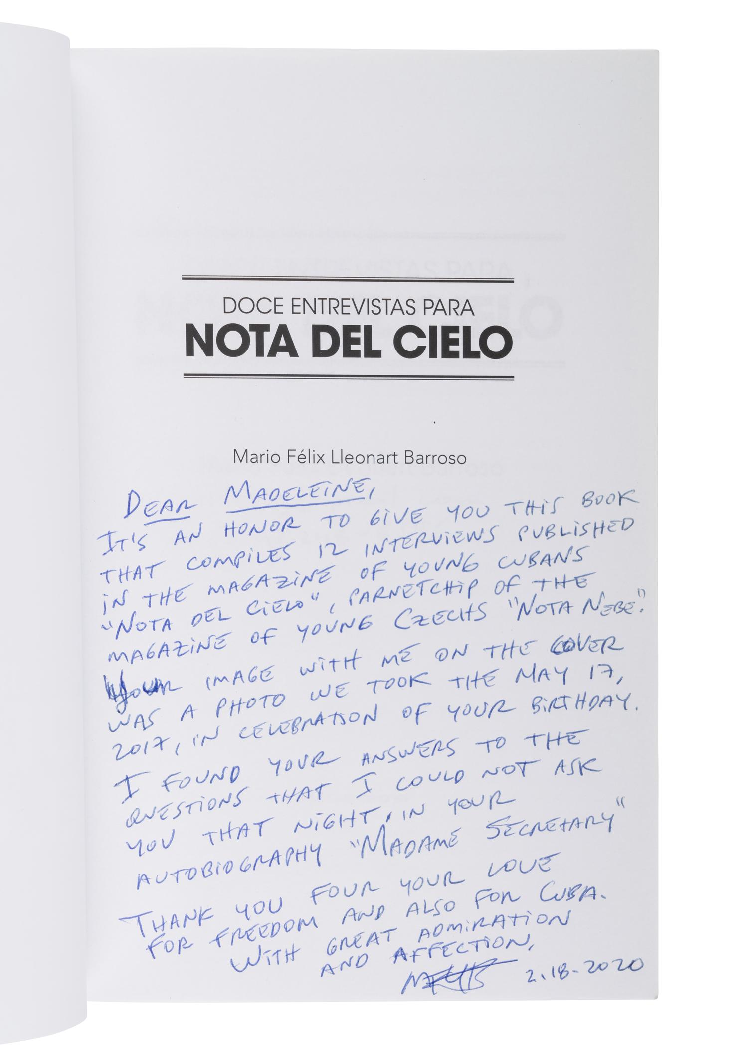 BARROSO, Mario Felix Lleonart. Doce Entrevistas Para Nota del Cielo . [2018]. FIRST EDITION. PRESENTATION COPY, INSCRIBED BY BARROSO TO ALBRIGHT.