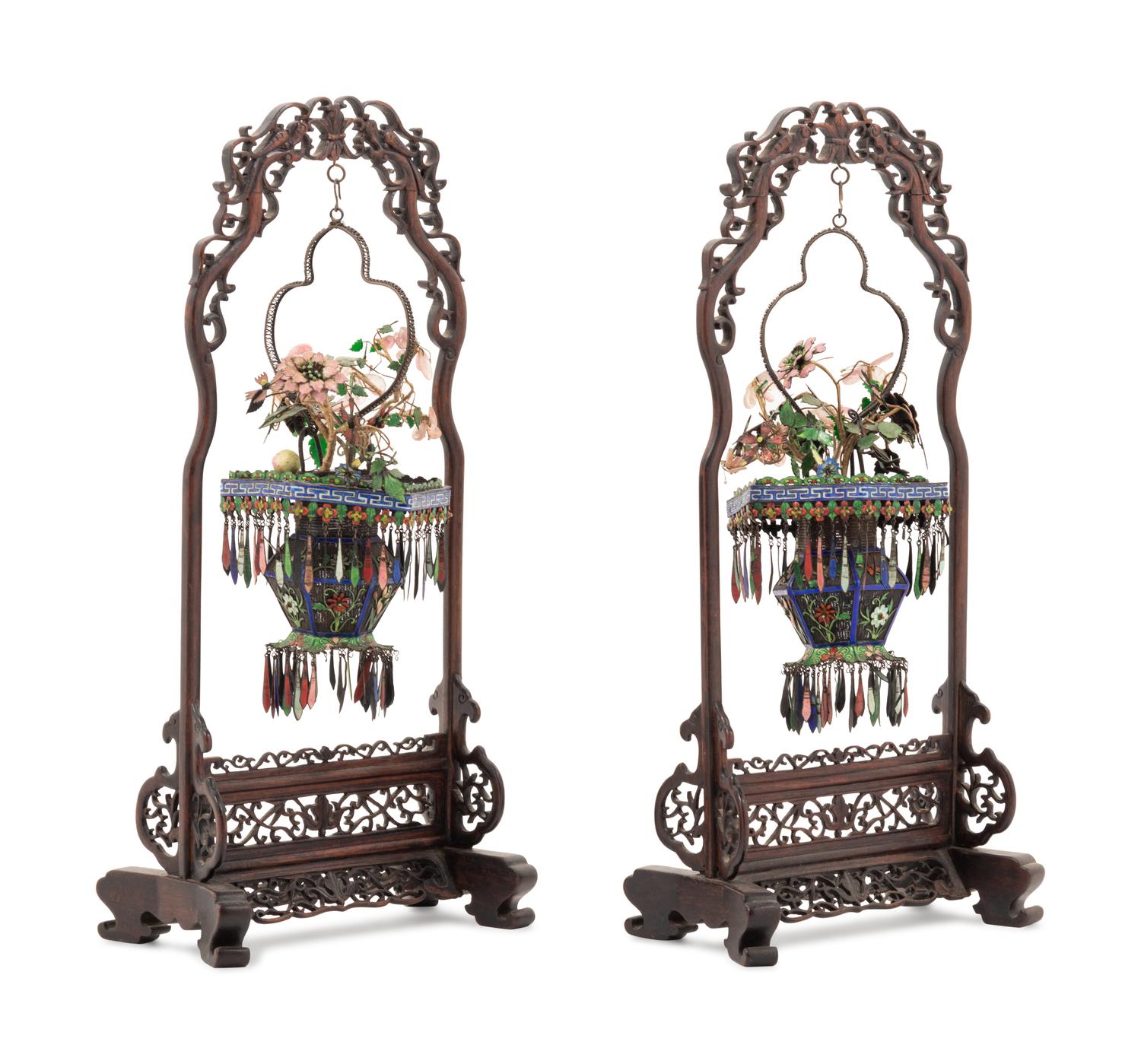 A Pair of Chinese Enameled Filigree Basket Ornaments Suspended from Carved Hardwood Stands