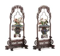 A Pair of Chinese Enameled Filigree Basket Ornaments Suspended from Carved Hardwood Stands