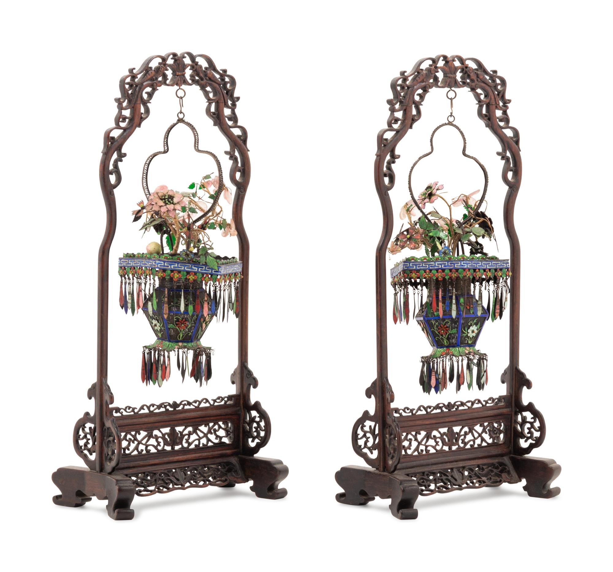 A Pair of Chinese Enameled Filigree Basket Ornaments Suspended from Carved Hardwood Stands